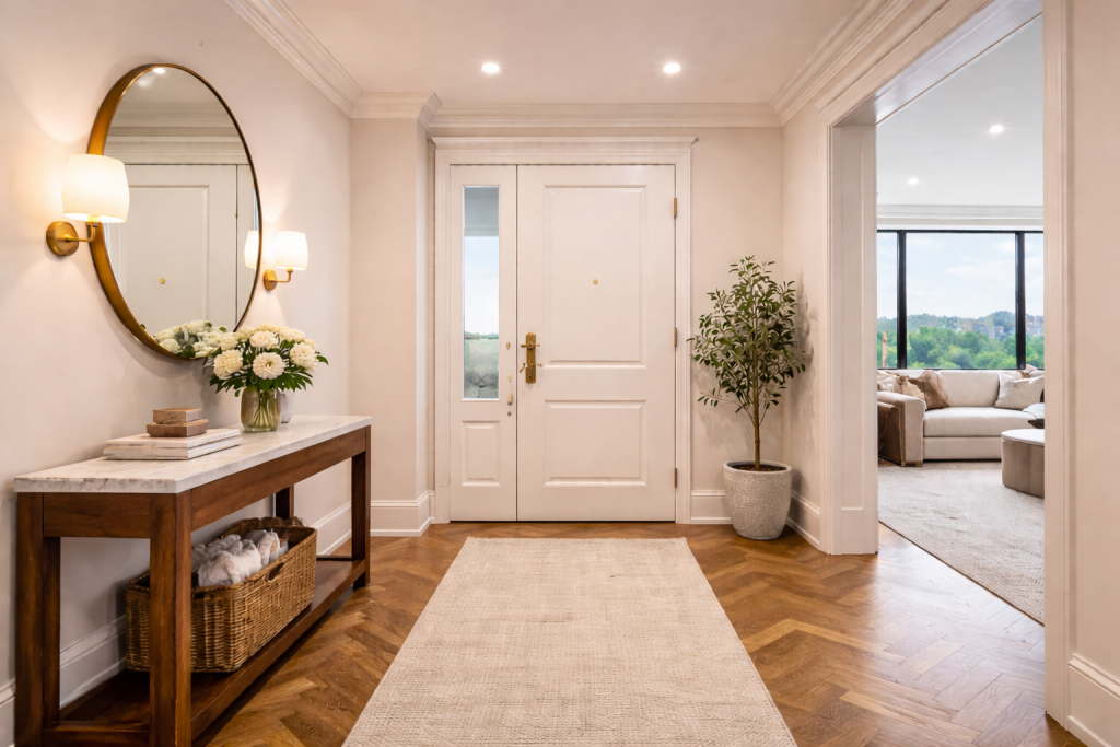elegant entryway with marble console
