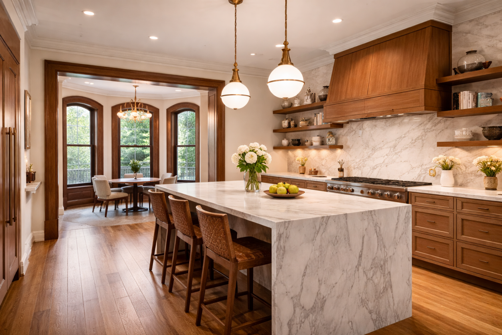 elegant kitchen with marble island and dining area