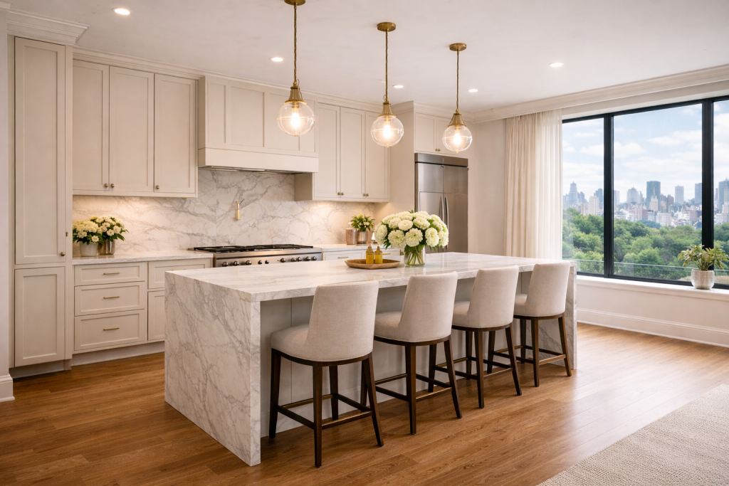 modern kitchen with nyc skyline view